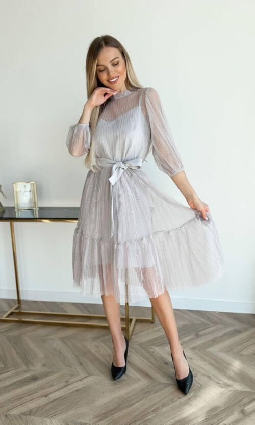 Коктейльна сукня сітка гофре 22017 Сіра