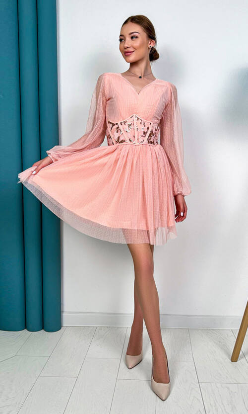 Коктейльна Сукня Гофре Корсет 23035 Рожева
