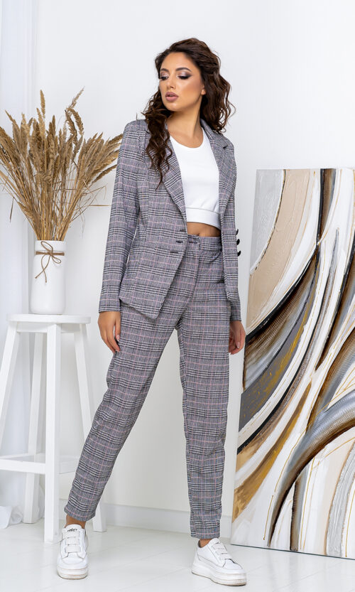Костюм Брючный Клетка Асимметрия 20153 Фрезовый