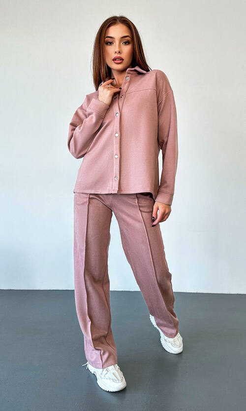 Брючний замшевий  костюм кнопки 23080 Рожевий