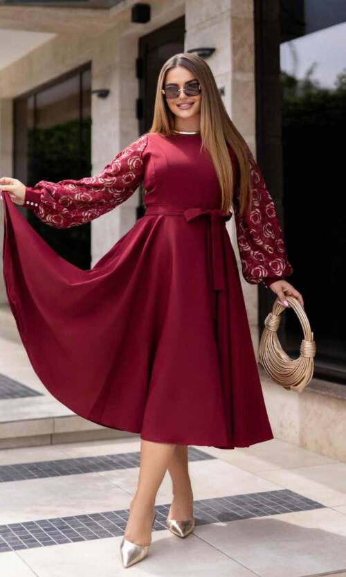 Коктейльна Сукня Рукава Вишивка 23081 Бордова
