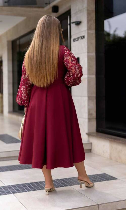Коктейльна Сукня Рукава Вишивка 23081 Бордова