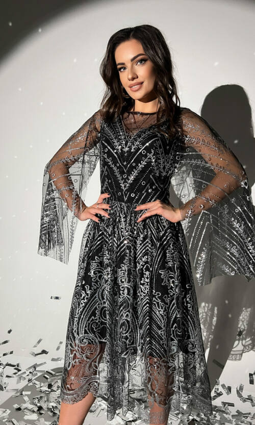 Коктейльна Сукня Сітка Гліттер 20211 Срібна