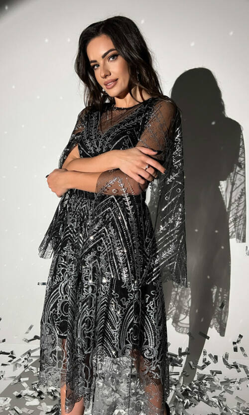 Коктейльна Сукня Сітка Гліттер 20211 Срібна