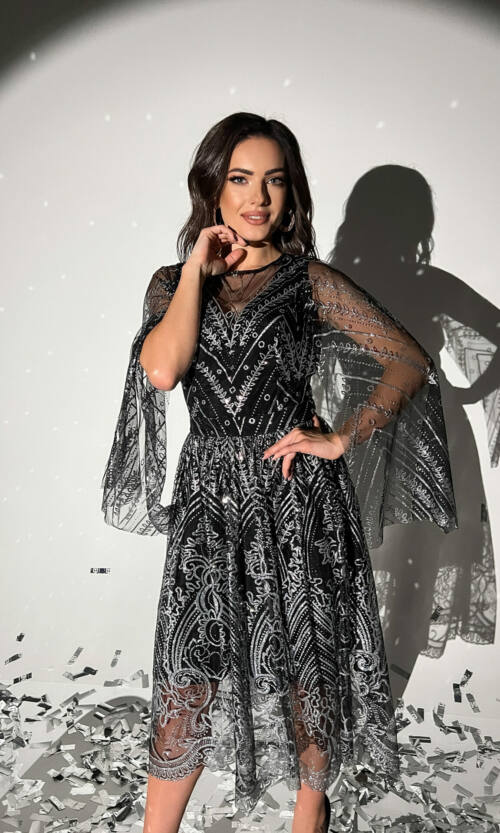 Коктейльна Сукня Сітка Гліттер 20211 Срібна