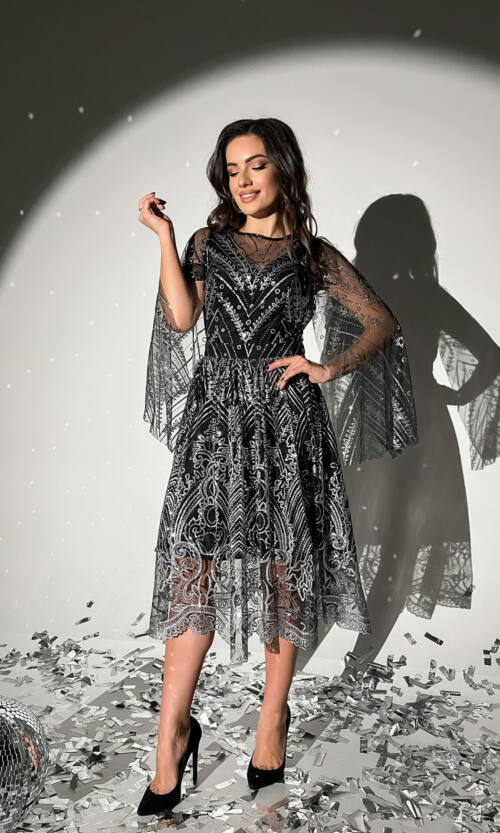 Коктейльна Сукня Сітка Гліттер 20211 Срібна