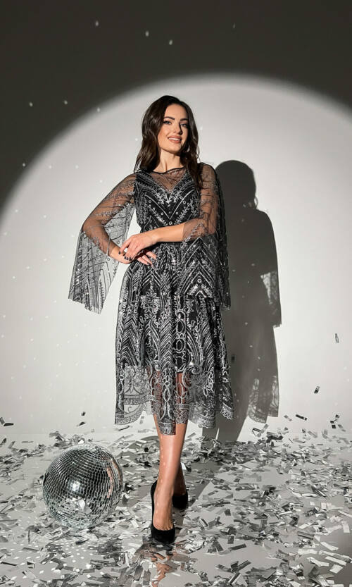 Коктейльна Сукня Сітка Гліттер 20211 Срібна