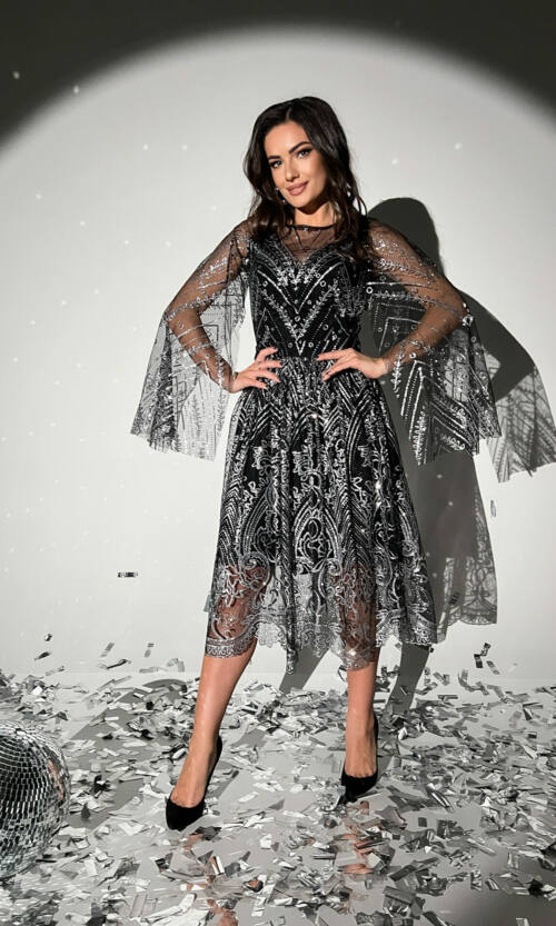 Коктейльна Сукня Сітка Гліттер 20211 Срібна