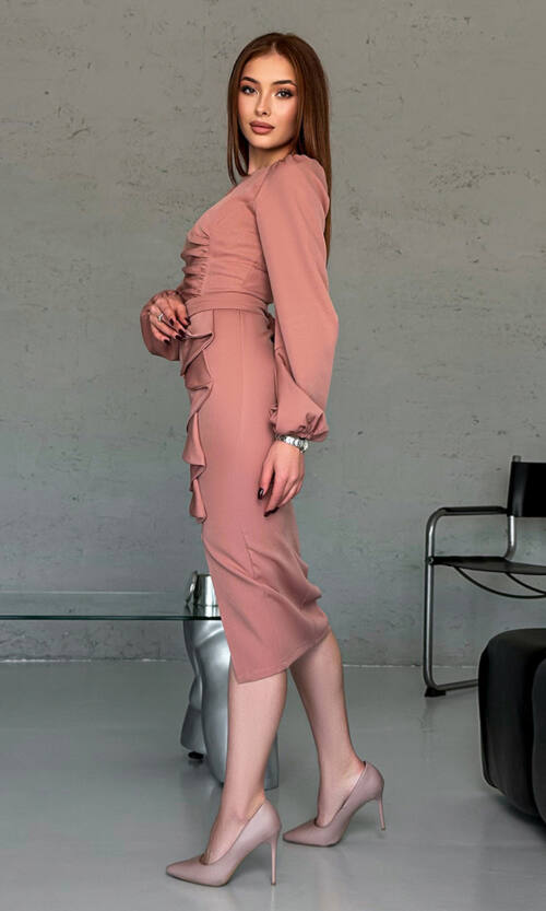 Коктейльна Сукня Волани Розріз 23078 Фрезова