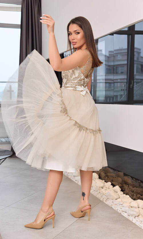 Коктейльна Сукня Атлас Гліттер 20065 Молочна