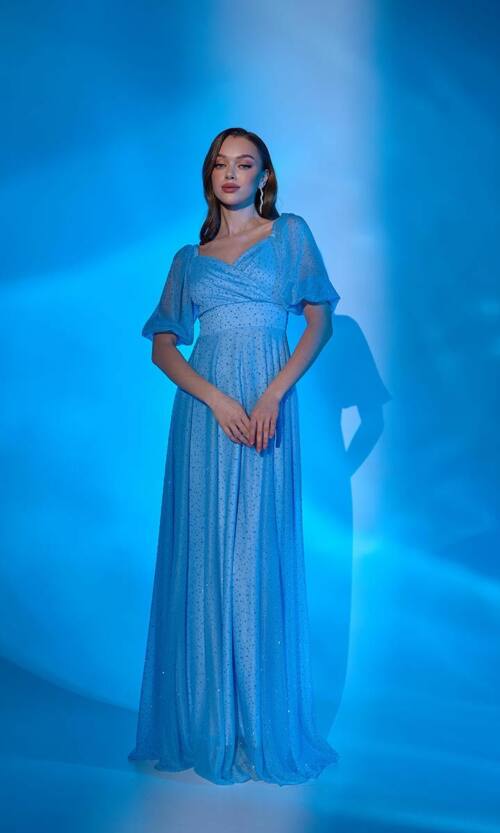 Вечірня сукня мушки блиск 22025 Блакитна