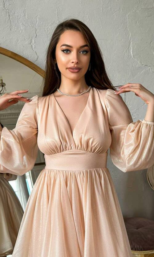 Коктейльное платье перламутровый шифон 24001 Персиковое