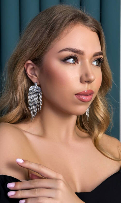 Сережки Стрази водоспад біжутерія 23541 Сріблясті