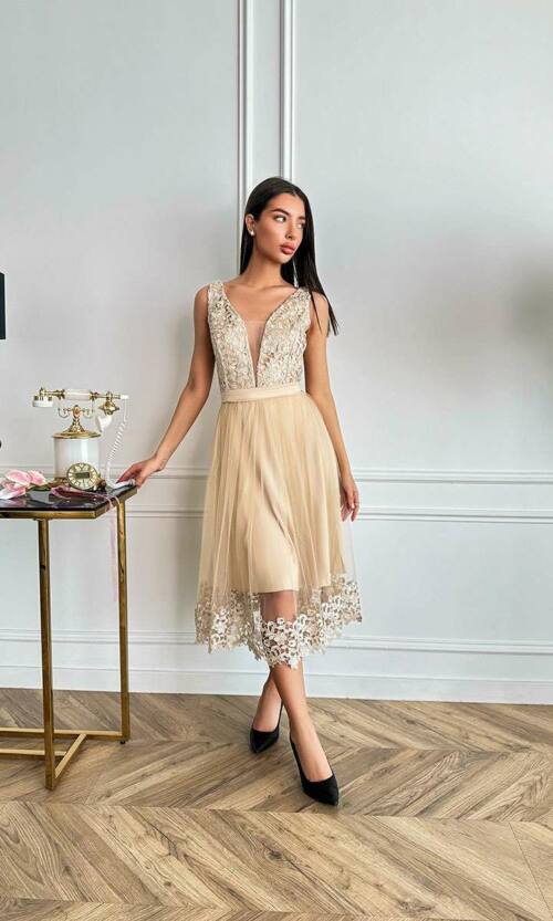 Коктейльна Сукня Lace Charm 9070 Бежева