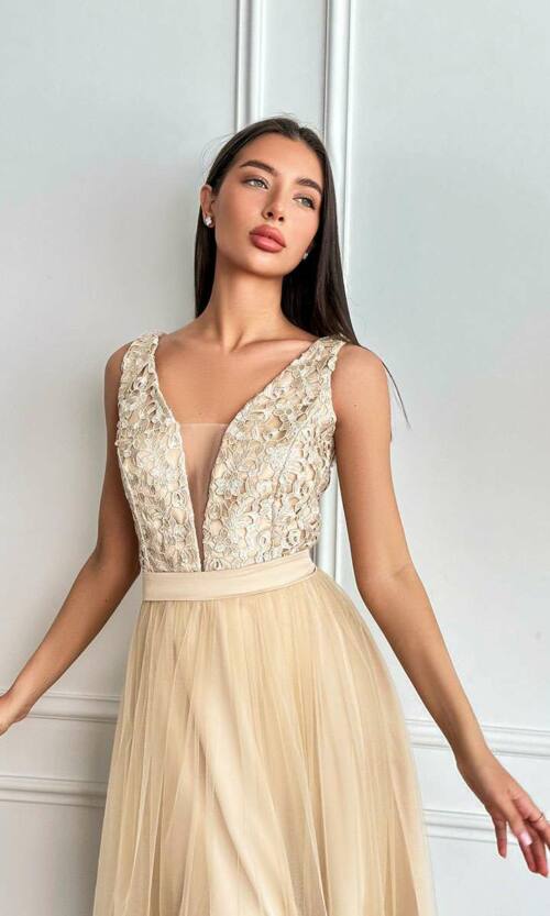 Коктейльна Сукня Lace Charm 9070 Бежева