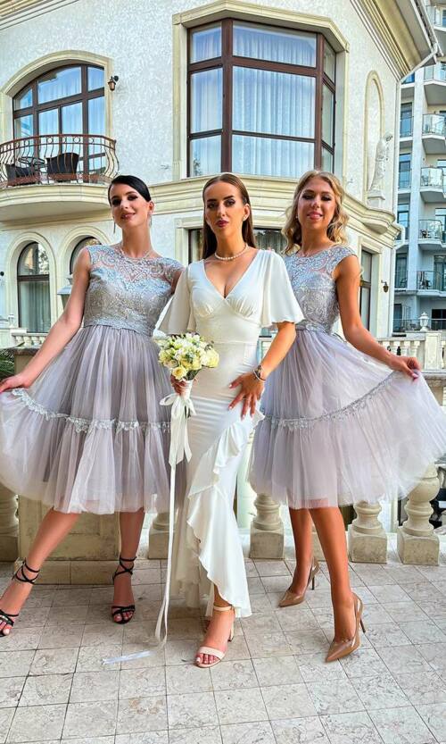 Коктейльна Сукня Атлас Гліттер 20065 Сіра