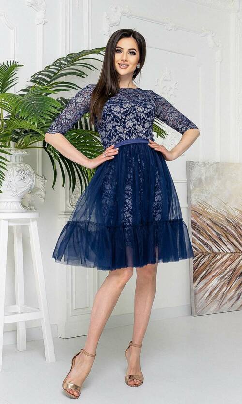 Коктейльна сукня гіпюр двійка 21037 Синя