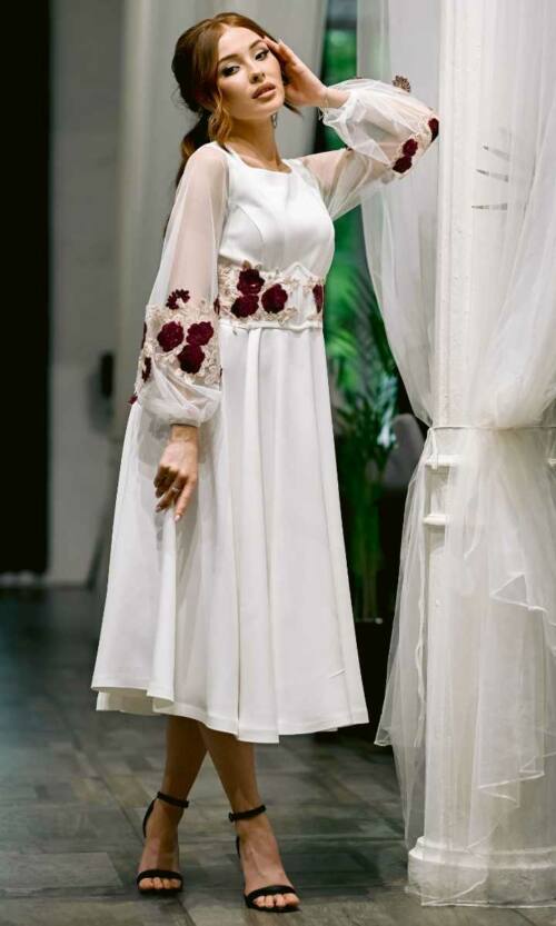 Коктейльна Сукня Корсет Вишивка 23041 Молочна