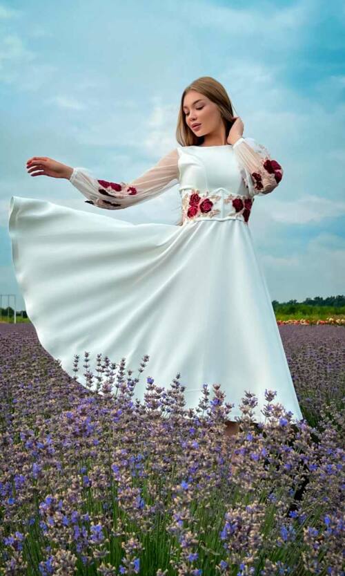 Коктейльна Сукня Корсет Вишивка 23041 Молочна