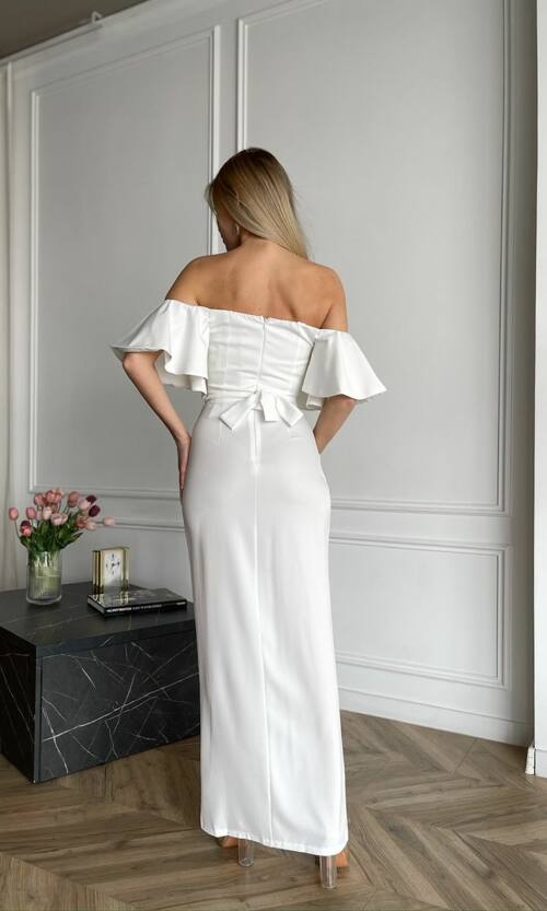 Вечірня Сукня Корсет Волан 24048 Молочна