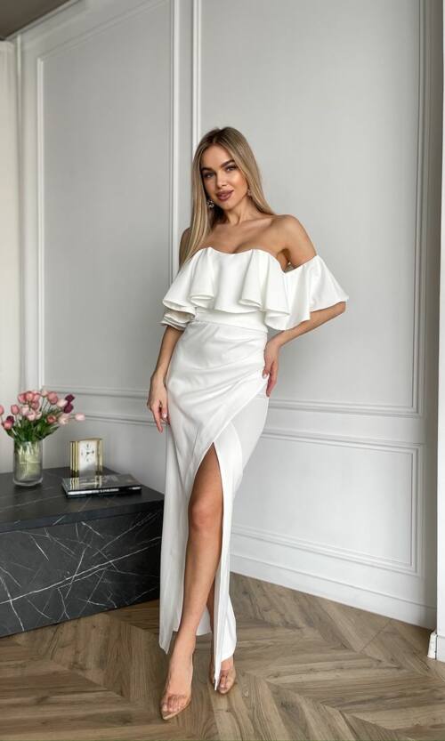 Вечірня Сукня Корсет Волан 24048 Молочна