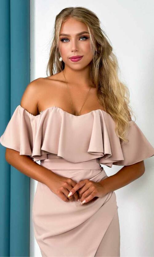 Вечірня Сукня Корсет Волан 24048 Бежева