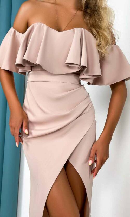 Вечірня Сукня Корсет Волан 24048 Бежева