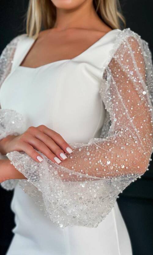 Коктейльна Сукня Бісерні Рукави 24056 Молочна