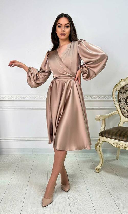 Коктейльна шовкова сукня запах 24008 Бежева