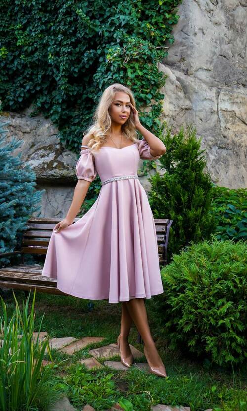 Коктейльное Платье Пояс Стразы 23043 Пудра