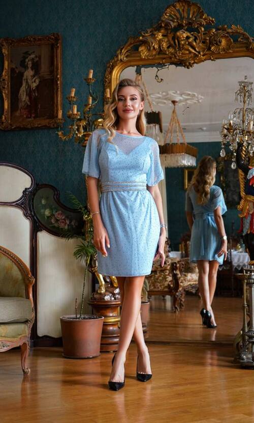 Коктейльна Сукня Пояс Стрази 24060 Блакитна