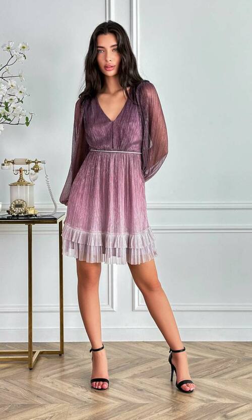 Коктейльна Сукня Сітка Гофре 24024 Рожева