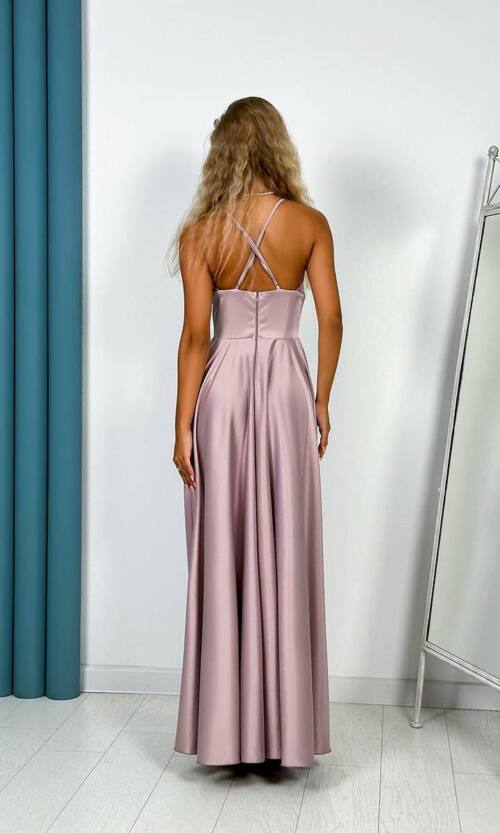 Вечернее Платье Бретели Атлас 24047 Пудра