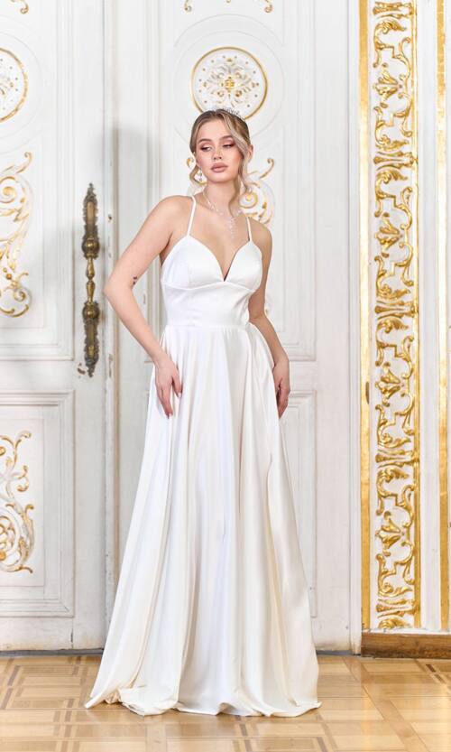 Вечірня Сукня Бретелі Атлас 24047 Молочна