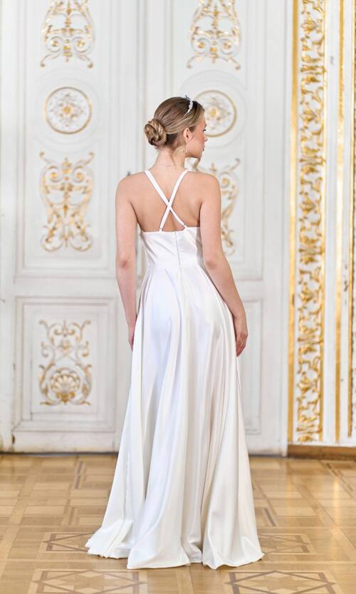 Вечірня Сукня Бретелі Атлас 24047 Молочна