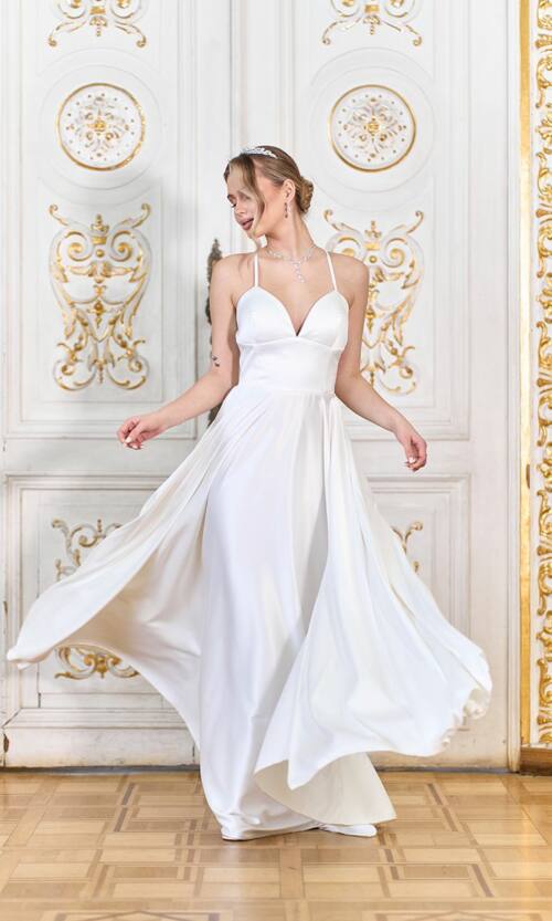 Вечірня Сукня Бретелі Атлас 24047 Молочна