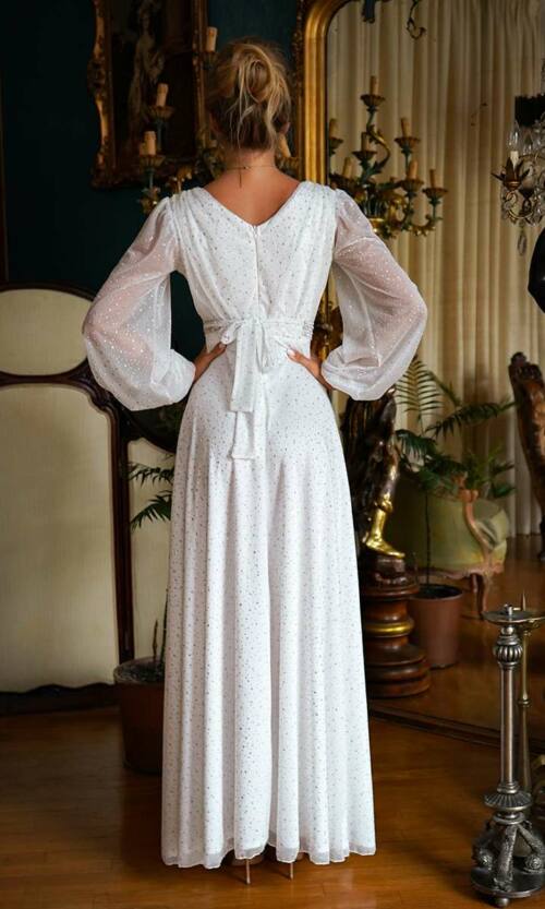 Вечірня Сукня Довгий Розріз 24065 Молочна