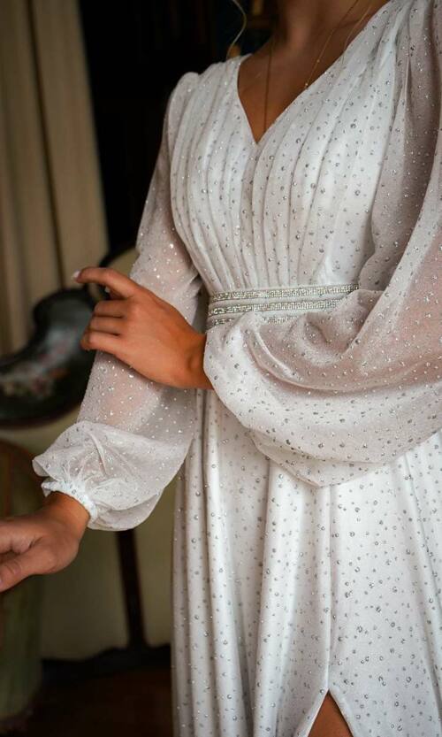 Вечірня Сукня Довгий Розріз 24065 Молочна