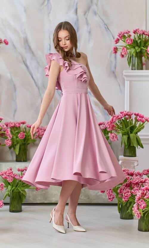 Коктейльна Сукня Волан Перо 24054 Рожева