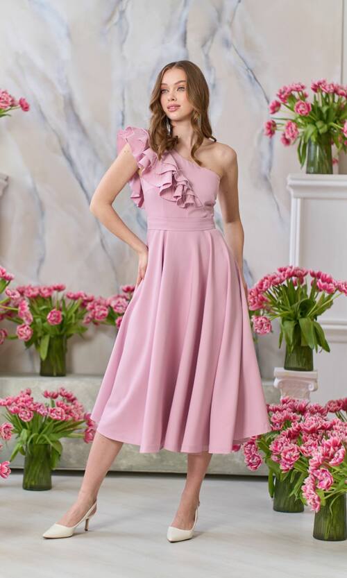 Коктейльна Сукня Волан Перо 24054 Рожева