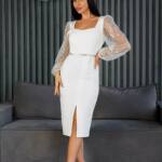 Коктейльна Сукня Бісерні Рукави 24084 Молочна