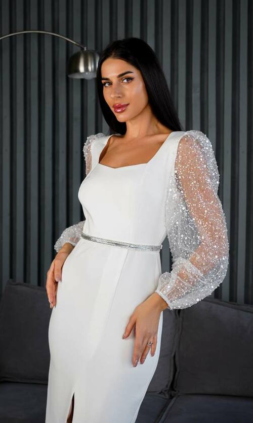 Коктейльна Сукня Бісерні Рукави 24084 Молочна