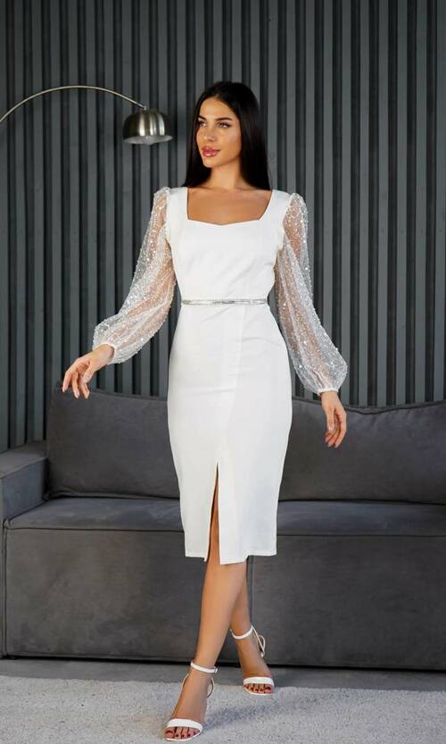 Коктейльна Сукня Бісерні Рукави 24084 Молочна