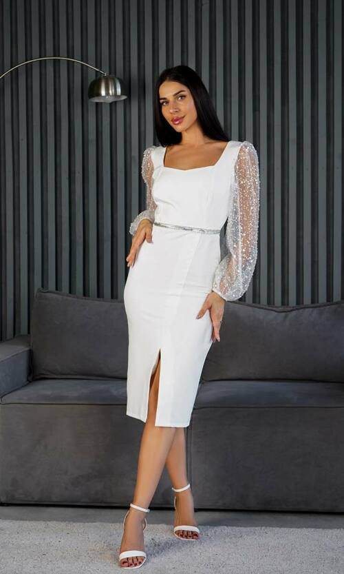 Коктейльна Сукня Бісерні Рукави 24084 Молочна