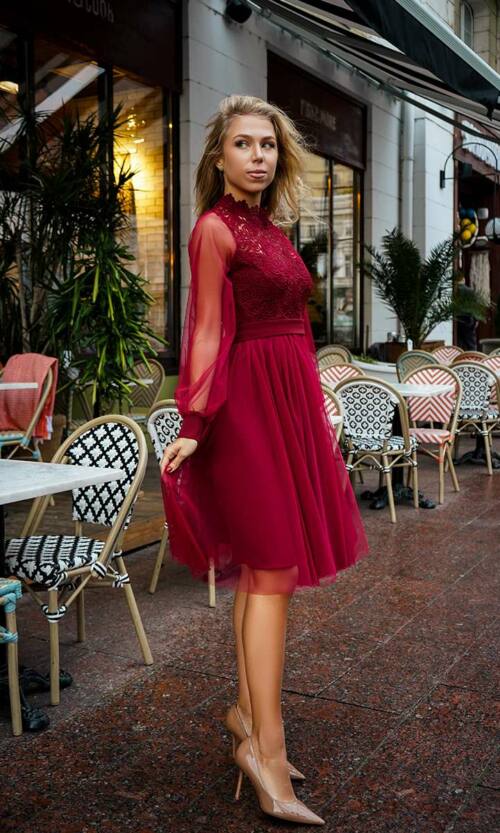 Коктейльна Сукня Сітка Мереживо 24079 Бордова
