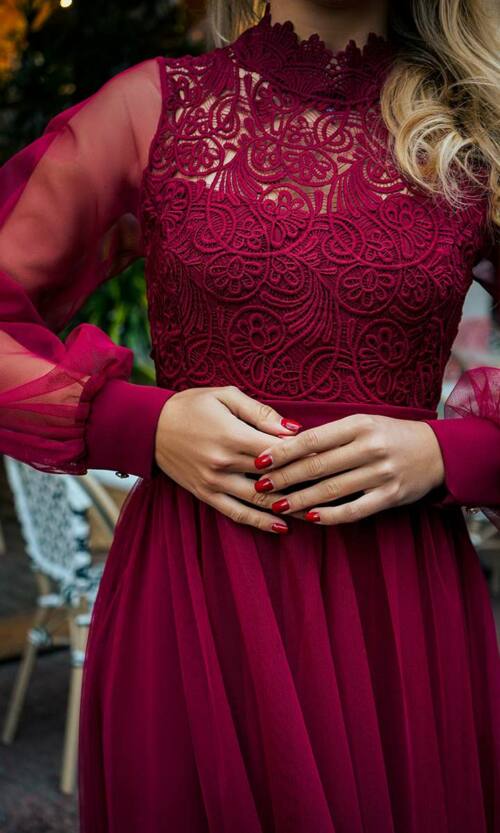 Коктейльна Сукня Сітка Мереживо 24079 Бордова