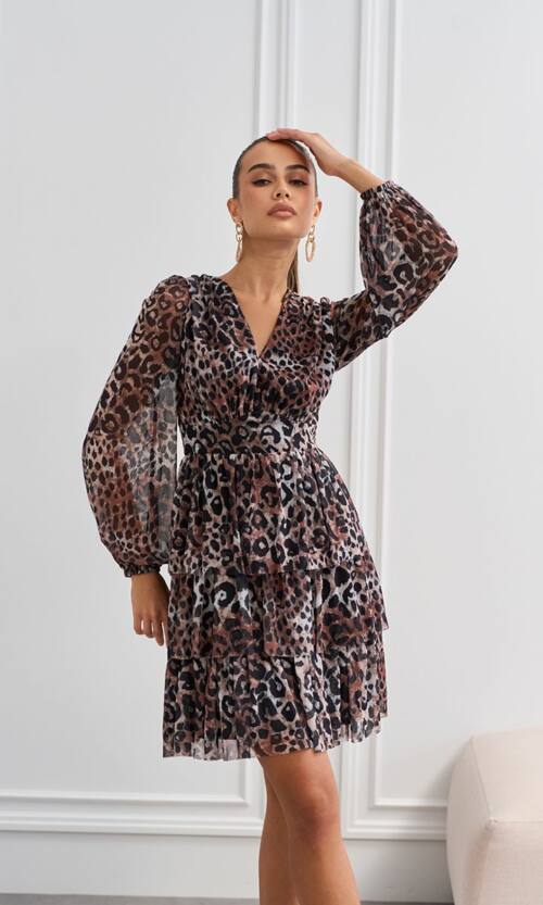 Коктейльна Сукня Сітка Леопард 24089 Бежева