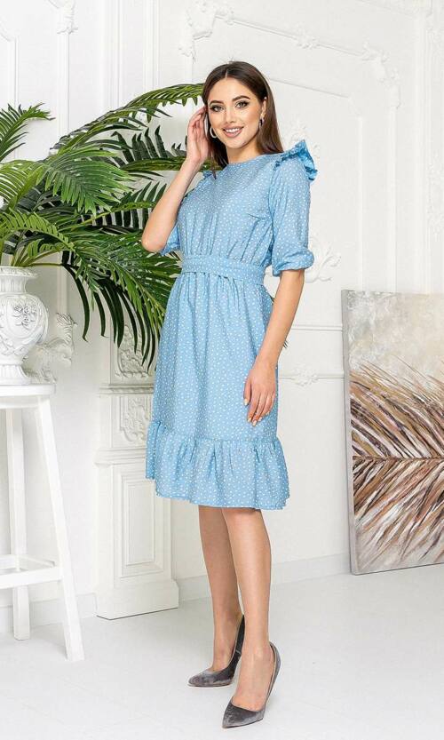 Летнее Платье Жатый Лен 21026 Голубое
