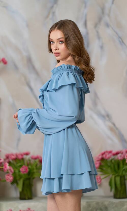 Коктейльное Платье Рюш Волан 24070 Голубое