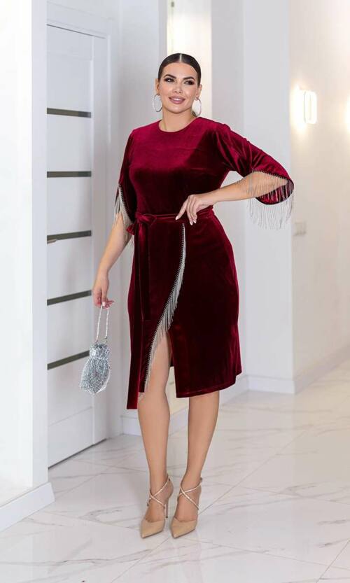 Коктейльна Сукня Оксамит Бахрома 21131 Бордова